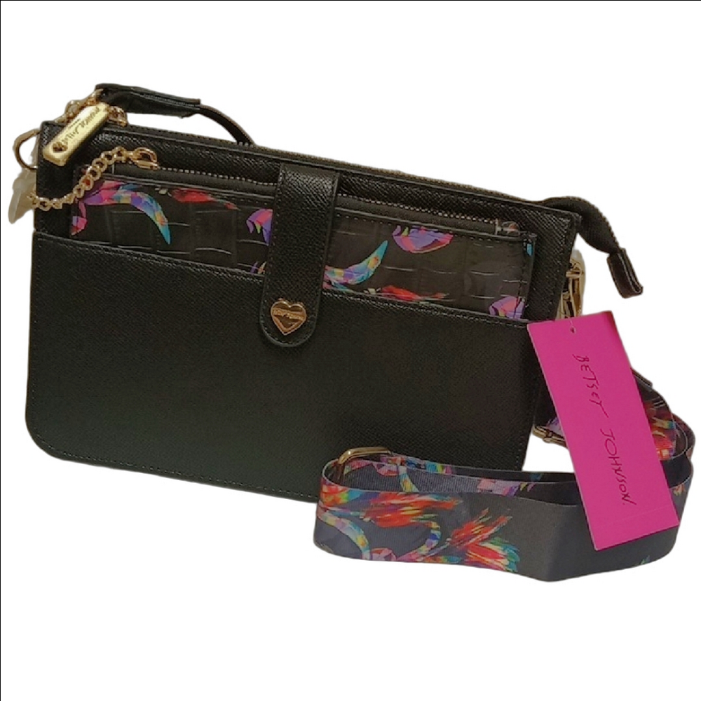 🆕 BETSEY JOHNSON "BIRDS OF PARADISE" BLACK CROSSBODY BAG WITH PULLOUT POUCH - Picture 2 of 15